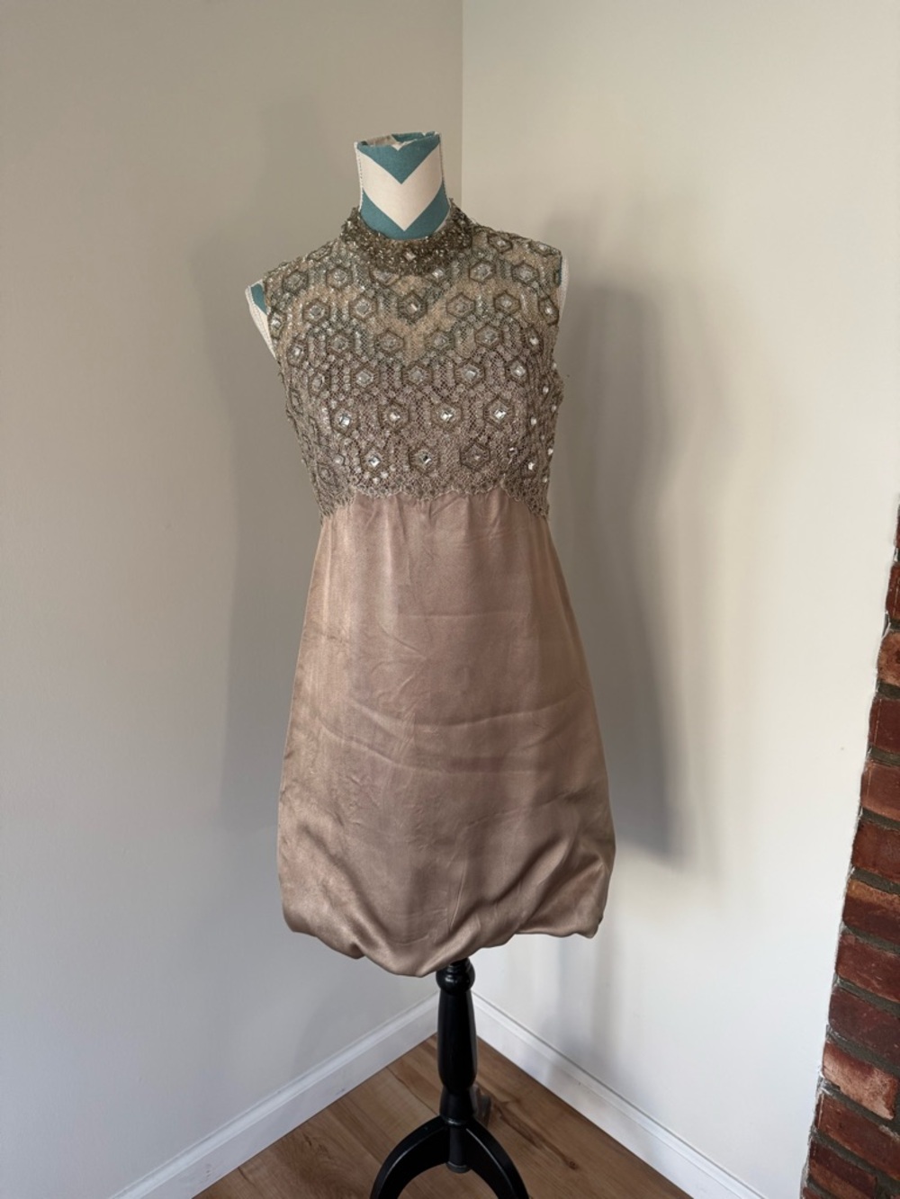 Embellished Taupe High-Neck Sleeveless Dress